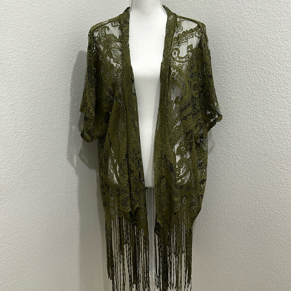 Emerette Lacey Fringe Boho kimono cardigan shawl army green Small